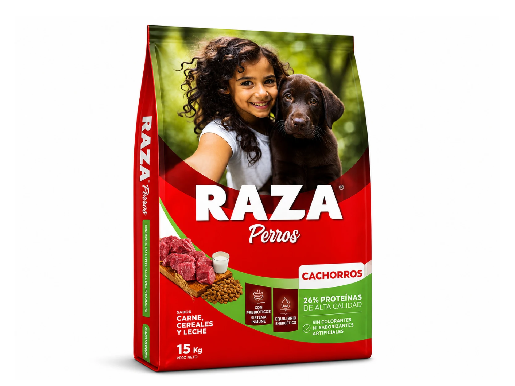 RAZA Cachorros Carne, Cereal y Leche 15kg.