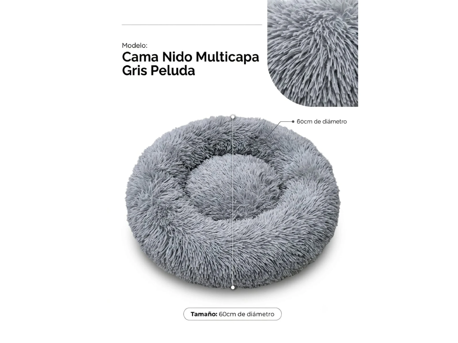 Cama Nido Circular Pelo Largo Gris 60 cm.