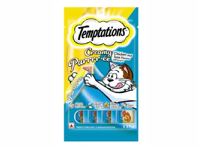 TEMPTATIONS Snack Cremoso Gatos Pollo Y Atún x 4 Un.. Patitas que Aman