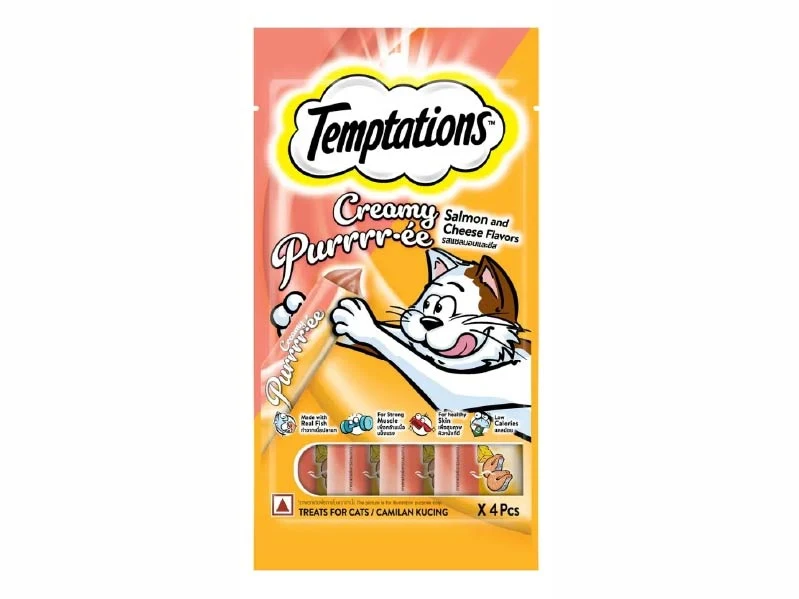 TEMPTATIONS Snack Cremoso Gatos Salmón y Queso x 4 Un.. Patitas que Aman
